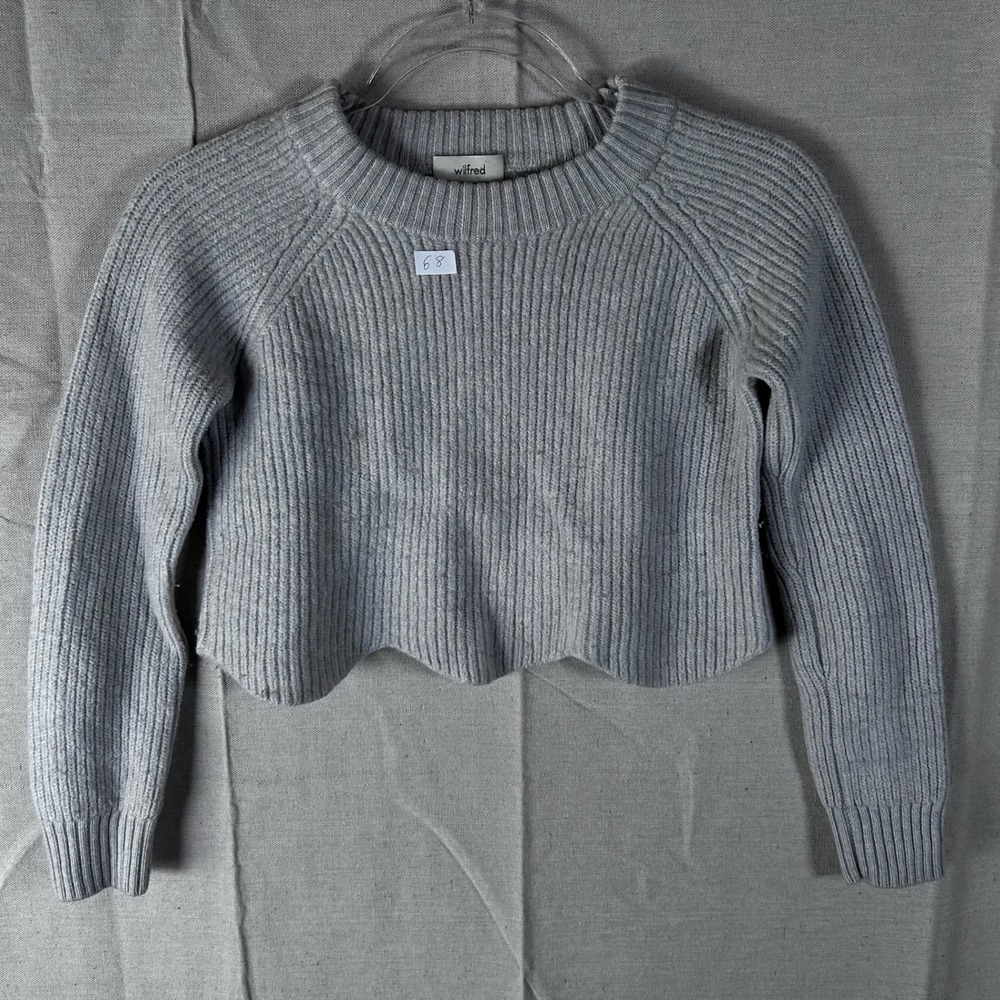 Wilfred Aritzia Grey 100% Merino Wool Scalloped Hem Cropped Ribbed Sweater XS